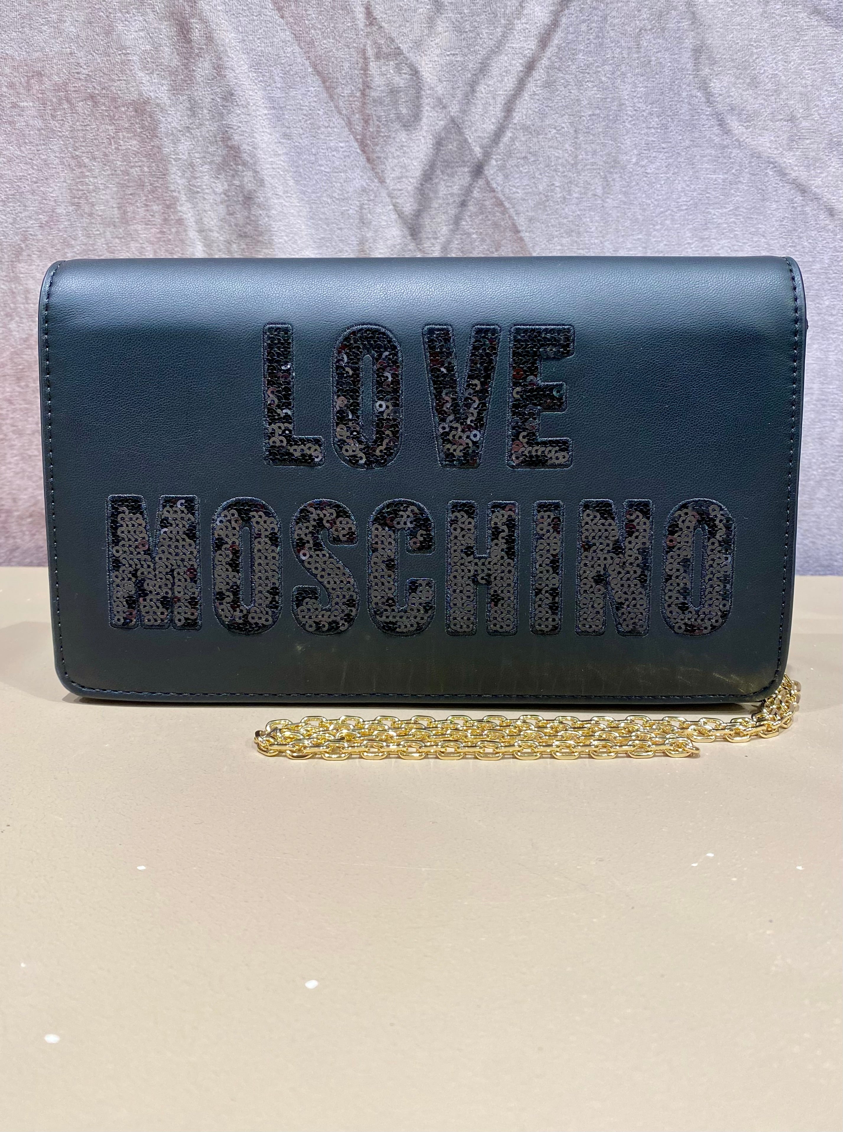 Clutch con patta e paillettes LOVE MOSCHINO
